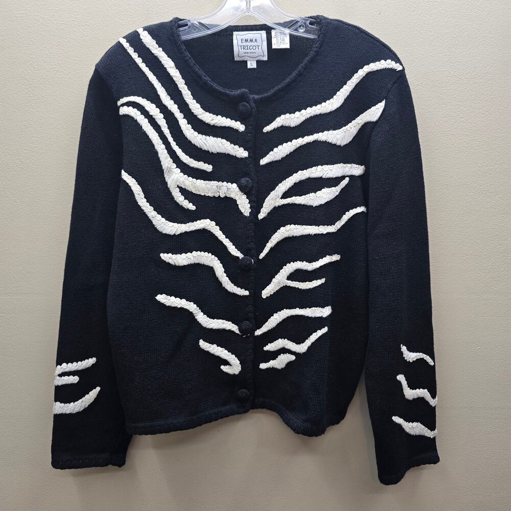 Vintage Emma Tricot 1998 Cardigan Sweater Large Embellished Ribcage White Black